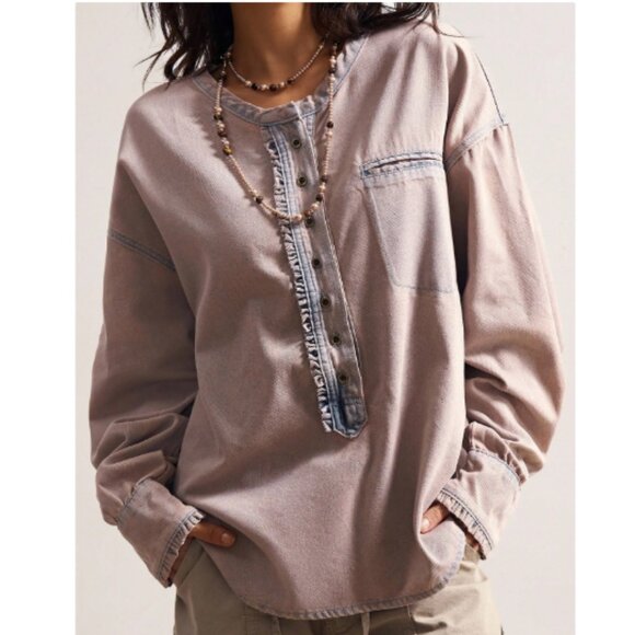 NEW Pink Denim Dreaming Pullover Oversized ruffled trim Blouse - Picture 2 of 10